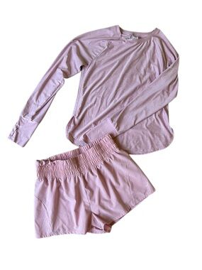 Asics Light Pink Long Sleeve Top and Matching Shorts Athletic Set